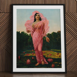 Padmini the Lotus Lady - Raja Ravi Varma Art Print / Canvas Framed Artwork Woman Pink Fabric Among Flowers, Sanskrit Erotology Classified,