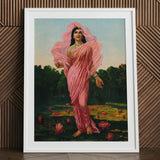 Padmini the Lotus Lady - Raja Ravi Varma Art Print / Canvas Framed Painting Woman Pink Fabric Among Flowers, Sanskrit Erotology Classified,