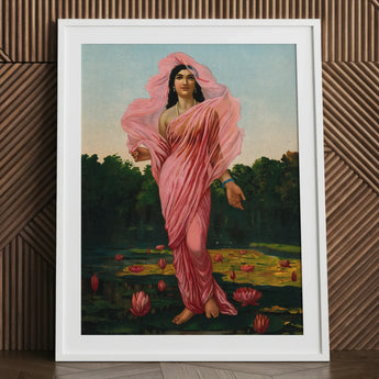Padmini the Lotus Lady - Raja Ravi Varma Art Print / Canvas Framed Painting Woman Pink Fabric Among Flowers, Sanskrit Erotology Classified,