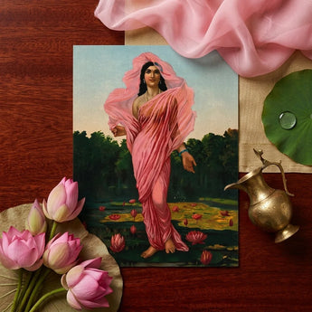 Padmini the Lotus Lady - Raja Ravi Varma Art Print / Canvas Rectangular Woman Pink Fabric Among Flowers, Sanskrit Erotology Classified,