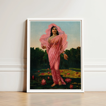 Framed Painting Woman Pink Fabric Among Lotus Flowers Ravi Varma, Raja, Sanskrit Erotology Classified, Women, Padmini Sat Highest, Academic