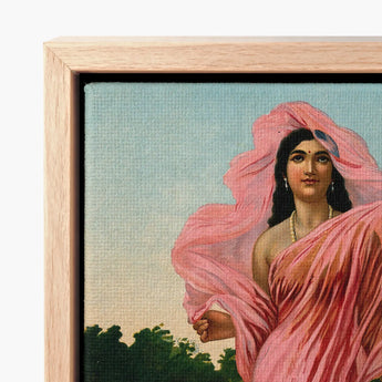Framed Canvas Print Woman Pink Fabric Soft Blue Ravi Varma, Raja, Sanskrit Erotology Classified, Women, Padmini Sat Highest, Academic