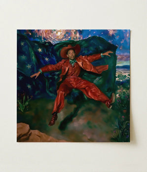 Vibrant Red Satin Suit Hat Green Scarf Worn Gay Country Music, Magic, Star Art Print