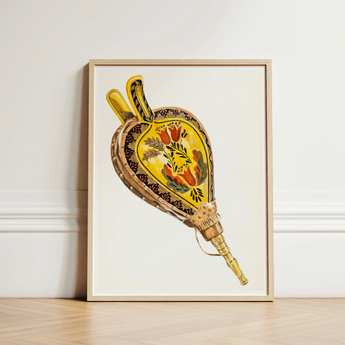 Painted Bellows - Ella Josephine Sterling Folk Art Print / Canvas Framed Watercolor Illustration Yellow Brown Ornate Powder Horn, Whimsical