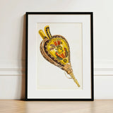 Painted Bellows - Ella Josephine Sterling Folk Art Print / Canvas Framed Watercolor Illustration Yellow Brown Ornate Powder Horn, Whimsical