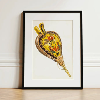 Painted Bellows - Ella Josephine Sterling Folk Art Print / Canvas Framed Watercolor Illustration Yellow Brown Ornate Powder Horn, Whimsical