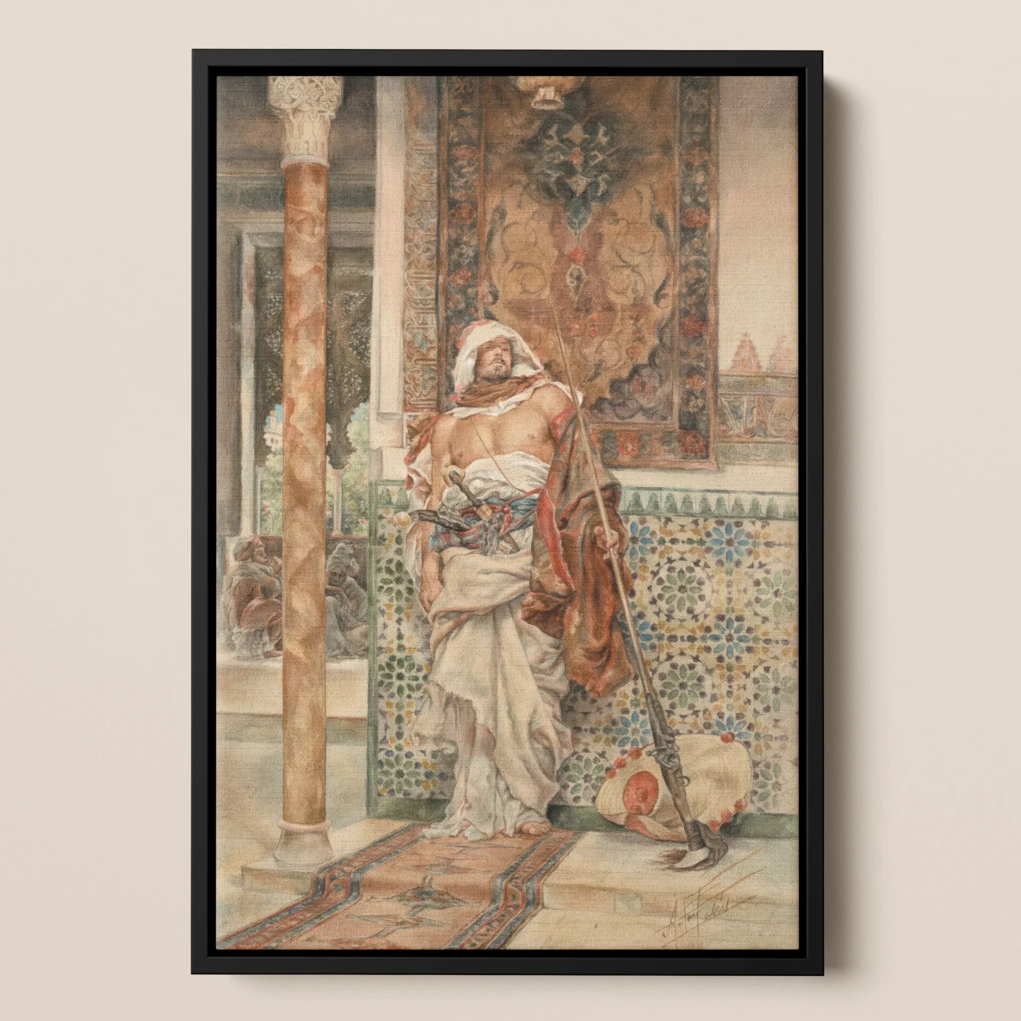 Palace Guard Antonio Fabrés Orientalist Framed Canvas, Framed Painting Person Ornate Robes Elaborate Interior