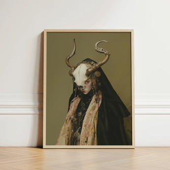 Framed Artwork Figure Ornate Dark Attire Prominent Bone-like Priestess Art, Skull Mask Locked, Specter Torn