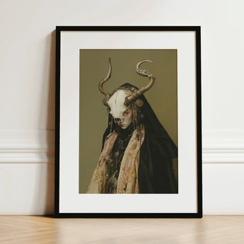 Pandora - Dark Priestess Art Print / Canvas Black-framed Figure Ornate Attire Prominent, Skull Mask Locked, Specter Torn Prints