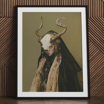 Pandora - Dark Priestess Art Print / Canvas Black Framed Skull Horns Veil, Mask Locked, Specter Torn Prints