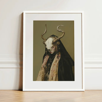 Pandora - Dark Priestess Art Print / Canvas Framed Figure Attire Adorned Ornate, Skull Mask Locked, Specter Torn Prints