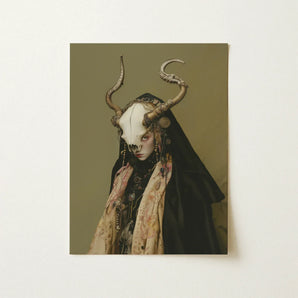 Pandora - Dark Priestess Art Print / Canvas Hauntingly Artistic Poster Figure Draped Fabric Adorned, Skull Mask Locked, Specter Torn Prints