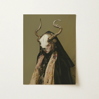 Pandora - Dark Priestess Art Print / Canvas Hauntingly Artistic Poster Figure Draped Dark Fabric Adorned Priestess Art, Skull Mask Locked,