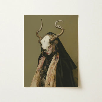 Pandora - Dark Priestess Art Print / Canvas Hauntingly Artistic Poster Figure Draped Fabric Adorned, Skull Mask Locked, Specter Torn Prints