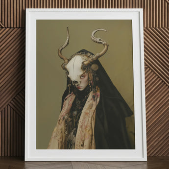 Pandora - Dark Priestess Art Print / Canvas White Framed Skull Horns Fur, Mask Locked, Specter Torn Prints