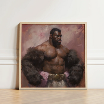 Framed Painting Muscular Black Man Fur-lined Outfit Gold Muscle Daddy Art, Gaybear, Afroamerican