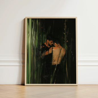 Framed Artwork Two Men Dimly Lit Green-toned Forest Gay Indian Lovers, Tryst, Moonlit Reeds Seal
