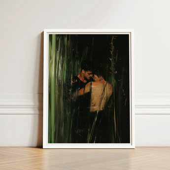 White-framed Art Print Two Men Amidst Tall Green Gay Indian Lovers, Tryst, Moonlit Reeds Seal