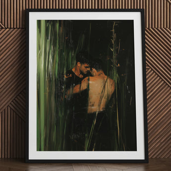 Paradise - Gay Indian Lovers Tryst Art Print / Canvas Black Framed Artwork Two Shirtless Men Forest Scene, Moonlit Reeds Seal Prints