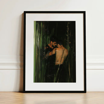 Paradise - Gay Indian Lovers Tryst Art Print / Canvas Black-framed White Mat Intimate Scene Two, Moonlit Reeds Seal Prints