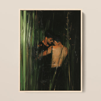 Paradise - Gay Indian Lovers Tryst Art Print / Canvas Framed Painting Two Men Amidst Tall Green Reeds, Moonlit Seal Prints