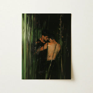 Paradise - Gay Indian Lovers Tryst Art Print / Canvas Rectangular Painting Two Men Dimly Lit Green-toned, Moonlit Reeds Seal Prints