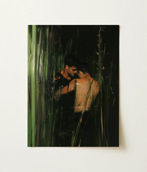 Rectangular Canvas Painting Two Men Dimly Lit Green-toned Gay Indian Lovers, Tryst, Moonlit Reeds Seal
