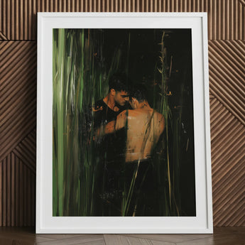 Paradise - Gay Indian Lovers Tryst Art Print / Canvas White Framed Artwork Two Shirtless Men Natural, Moonlit Reeds Seal Prints