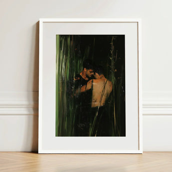 Paradise - Gay Indian Lovers Tryst Art Print / Canvas White-framed Two Figures Dark Green-toned Forest, Moonlit Reeds Seal Prints
