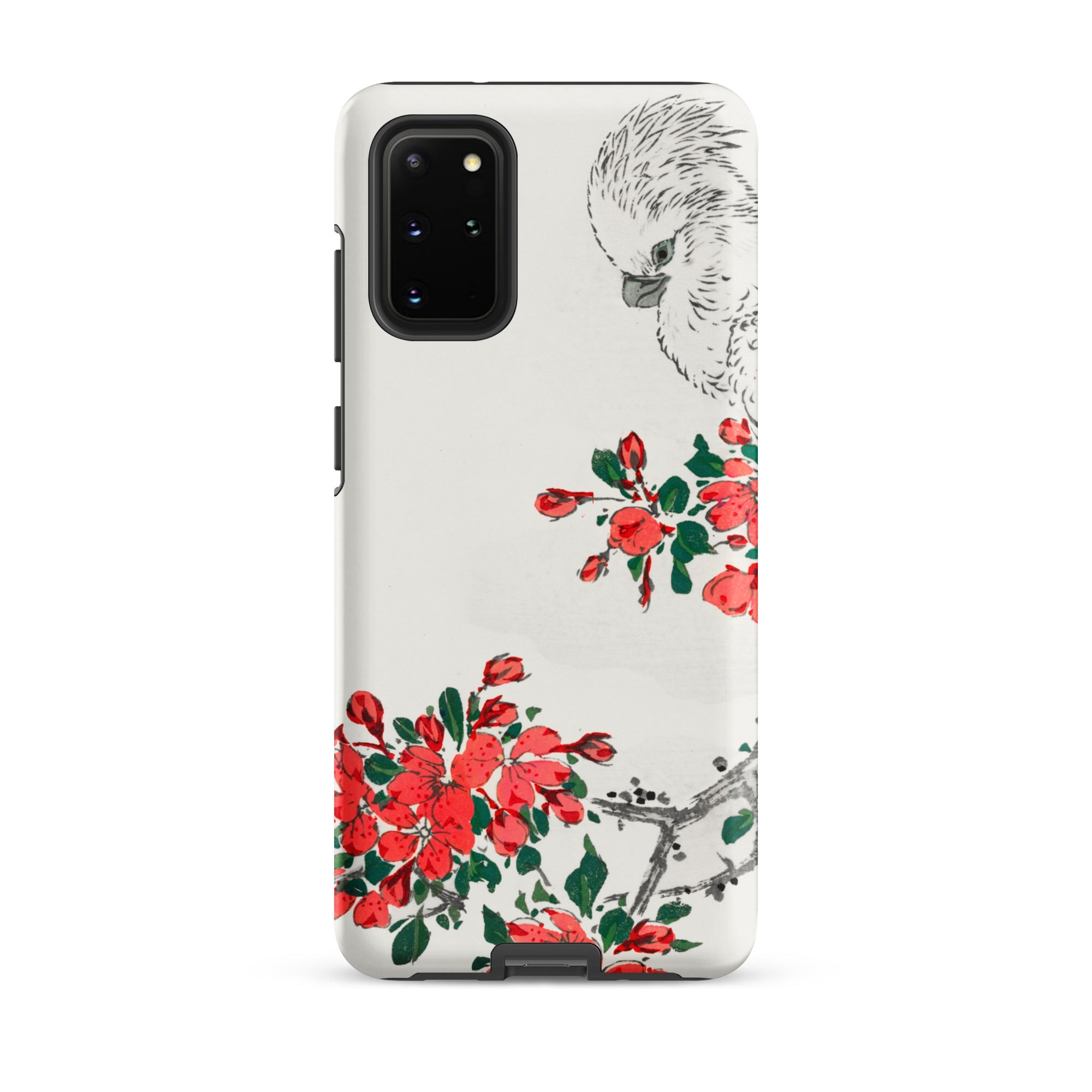 Parrot and Pyrus Numata Kashu Samsung Case, Galaxy S20 Plus / Matte, White Phone Case Black Bird Red Flowers