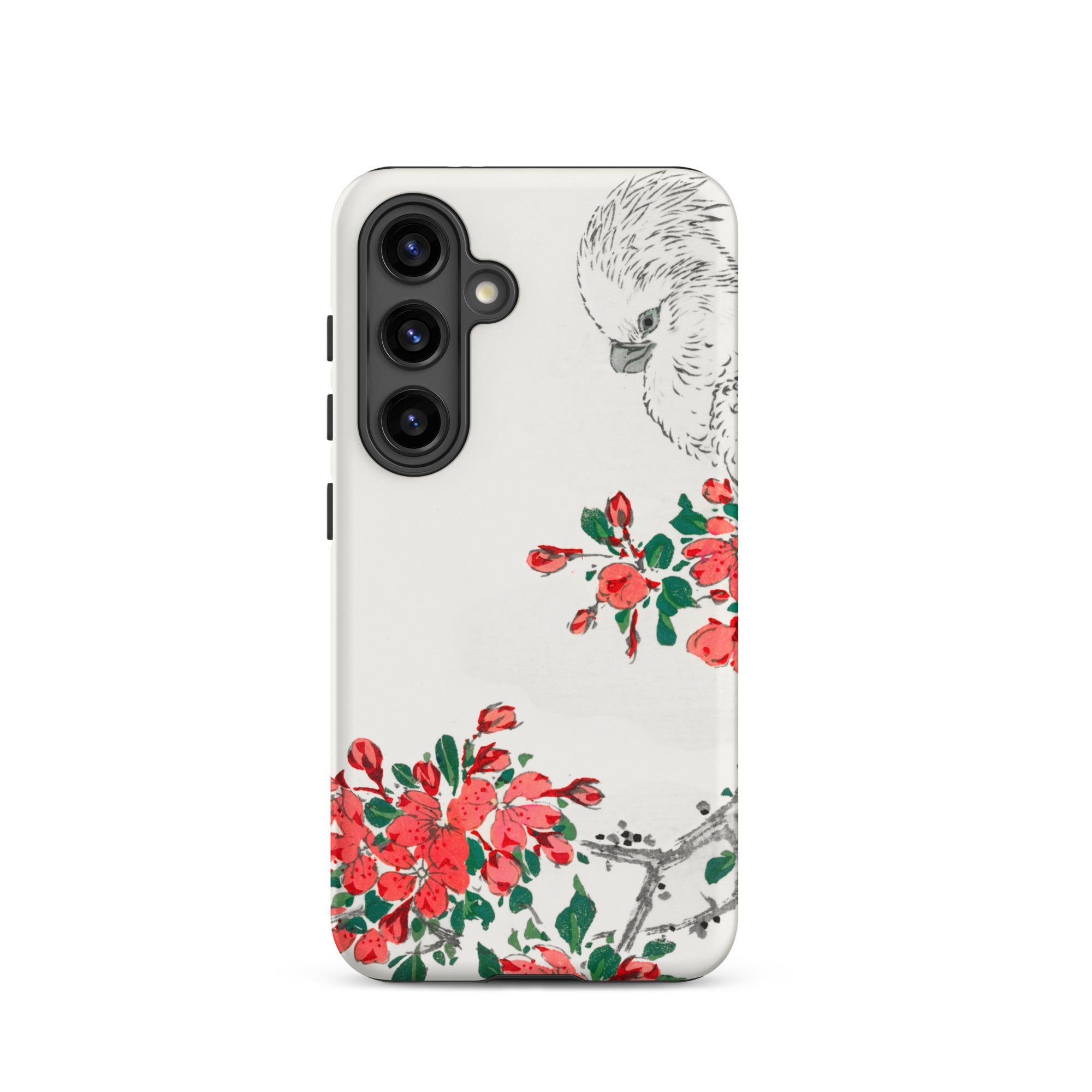 Parrot and Pyrus Numata Kashu Samsung Case, Galaxy S24 / Matte, White Smartphone Case Black Cockatoo Red Floral Design