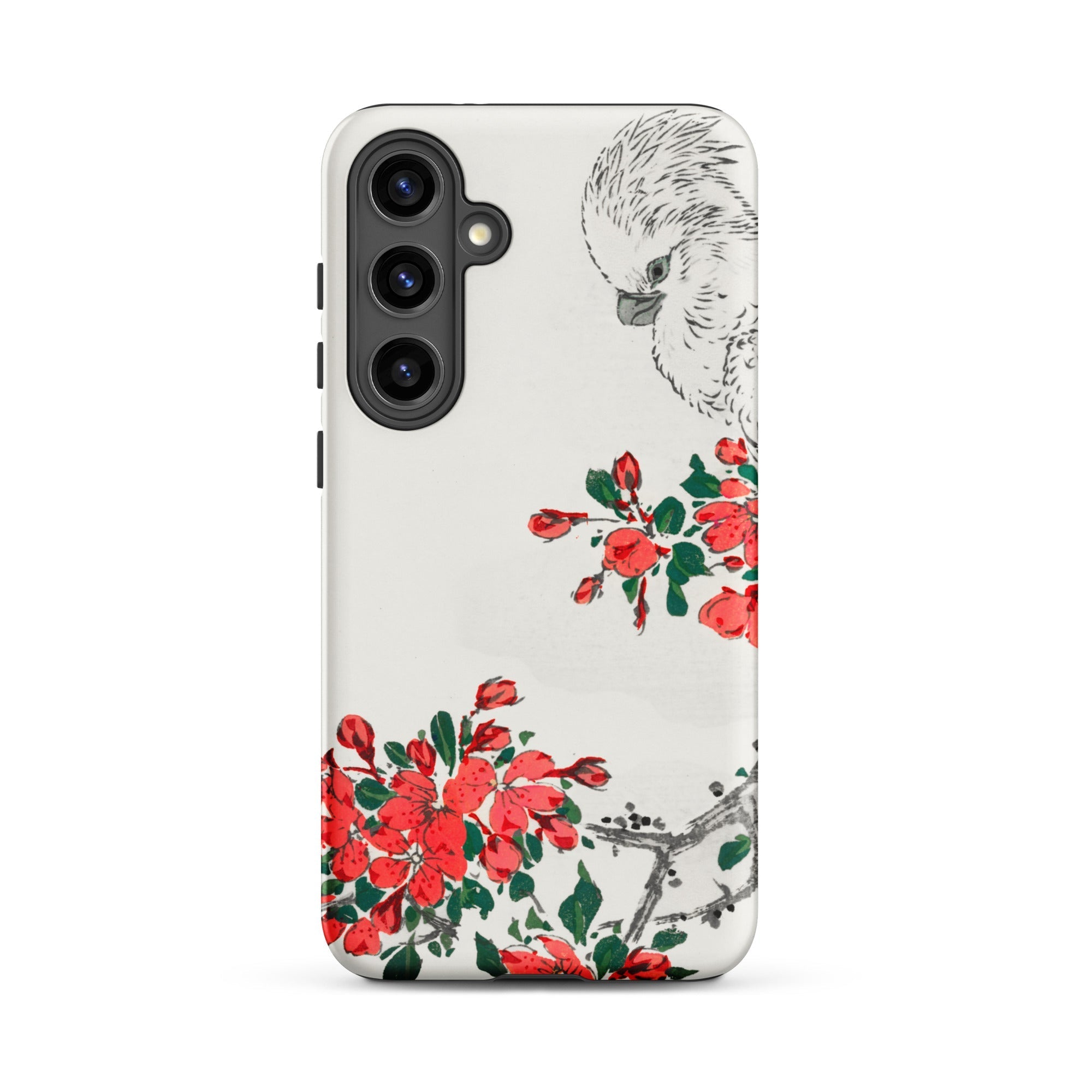 Parrot and Pyrus Numata Kashu Samsung Case, Galaxy S24 Plus / Matte, White Smartphone Case Black Cockatoo Red Floral Designs