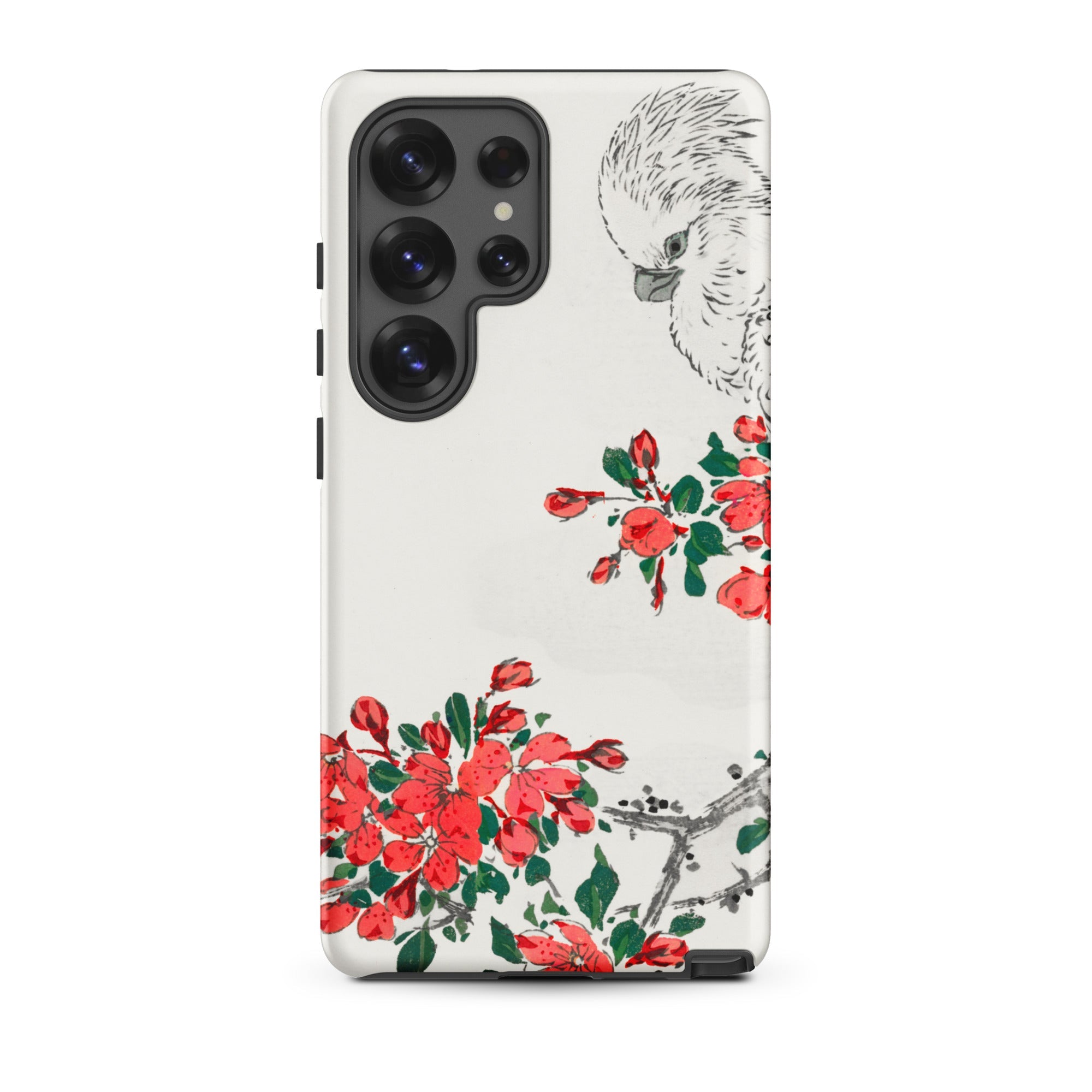 Parrot and Pyrus Numata Kashu Samsung Case, Galaxy S25 Ultra / Matte, White Phone Case Black Cockatoo Red Floral Design