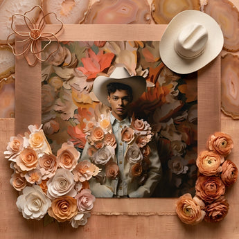 Pascal - Black Gay Femboy Cowboy Art Print / Canvas Cream-colored Paper Flower Arrangement Layered Petals Delicate Wireframe Femme Gay