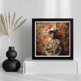 Pascal - Black Gay Femboy Cowboy Art Print / Canvas Framed Artwork Autumn-toned Floral Elements Figure Hat Sepia Femme, Dandy Afroamerican