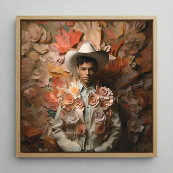 Pascal - Black Gay Femboy Cowboy Art Print / Canvas Framed Artwork Man White Hat Light-colored Jacket Femme, Dandy Afroamerican Outlaw’s,