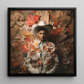 Pascal - Black Gay Femboy Cowboy Art Print / Canvas Framed Portrait Man White Hat Light-colored Jacket Femme, Dandy Afroamerican Outlaw’s,