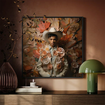 Pascal - Black Gay Femboy Cowboy Art Print / Canvas Framed Portrait Man White Hat Light-colored Jacket Femme, Dandy Afroamerican Outlaw’s,