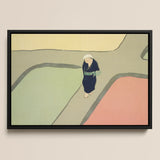 Path Through the Fields - Kamisaka Sekka Art Print / Canvas Black-framed Artwork Stylized Figure Dark Blue Kimono Patterned Kamisaka