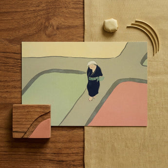 Path Through the Fields - Kamisaka Sekka Art Print / Canvas Minimalist Illustration Card Stylized Figure Dark Blue Robe Kamisaka Sekka’s