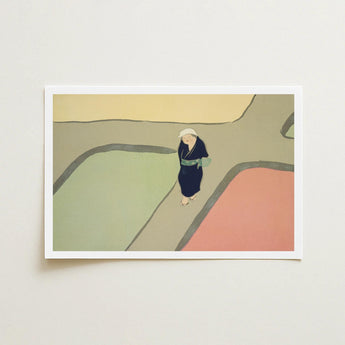 Path Through the Fields - Kamisaka Sekka Art Print / Canvas Minimalist Illustrated Figure Dark Blue Kimono Green Sekka’s, Visual Haiku