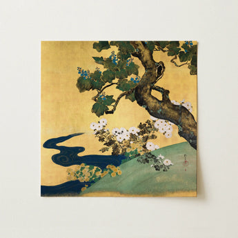 Traditional Japanese-style Painting Gnarled Tree White Blue Blossoms Art Print, Sakai Hoitsu, Sprinkled Gold Dust, Chrysanthemums Begins,