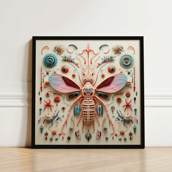 Vibrant Intricately Detailed Mixed-media Artwork Central Pink Blue Peachy Queen Redefines Xenobiological, Alien Species Taxonomy, Art Print