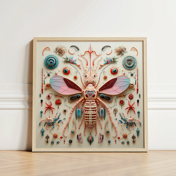 Framed Mixed-media Artwork Central Intricately Detailed Pink Blue Peachy Queen Redefines Xenobiological, Alien Species Taxonomy, Art Print