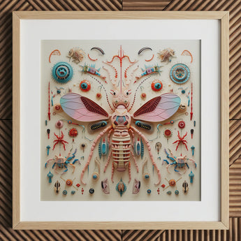 Peachy Queen - Alien Insect Taxonomy Art Print / Canvas Whimsical Intricately Detailed Insect Sculpture Pink Blue Wings Peachy Queen