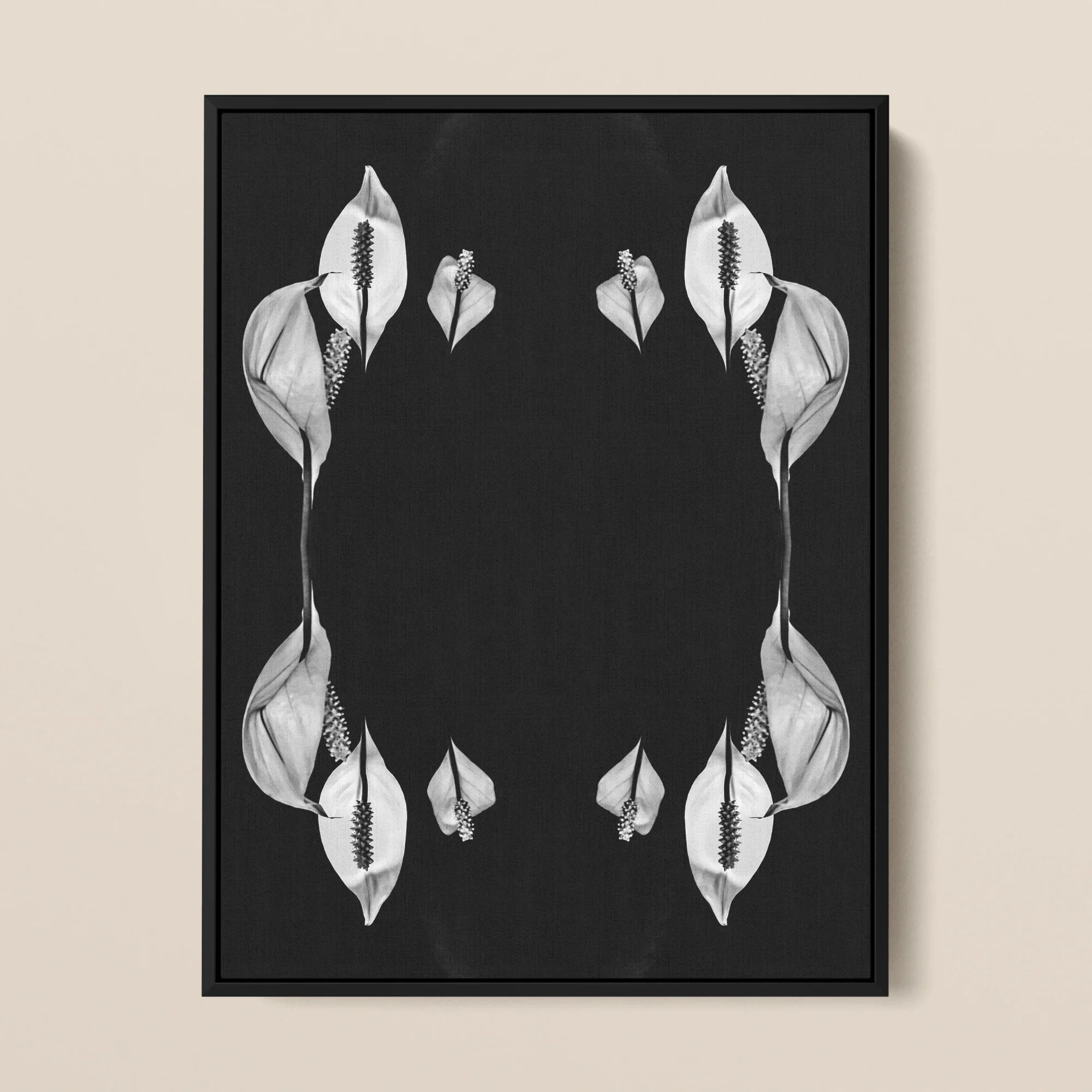 Pearly Whites Koh Chang Peace Lily Framed Canvas, Black White Photograph Symmetrically Arranged Calla Lily Flowers