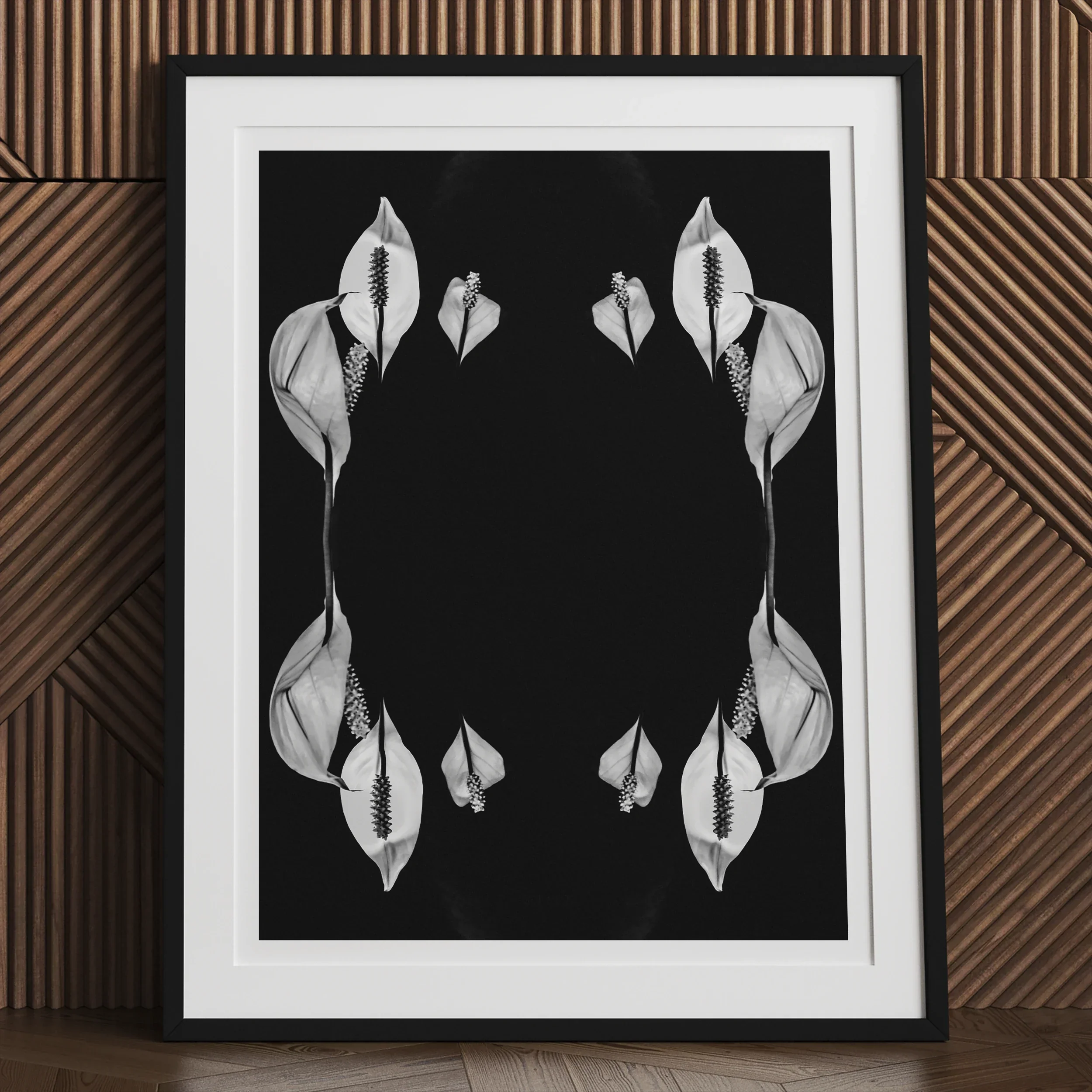 Pearly Whites Koh Chang Rorschach Lilies Art Print, Black White Framed Art Print Symmetrical Peace Lily