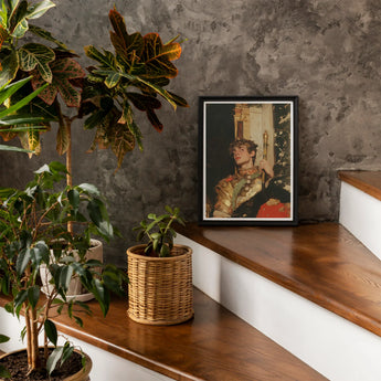 Peeking - Royal Gay Renaissance Art Print / Canvas Framed Portrait Photograph Wooden Surface Among Potted Plants, Revival Prints