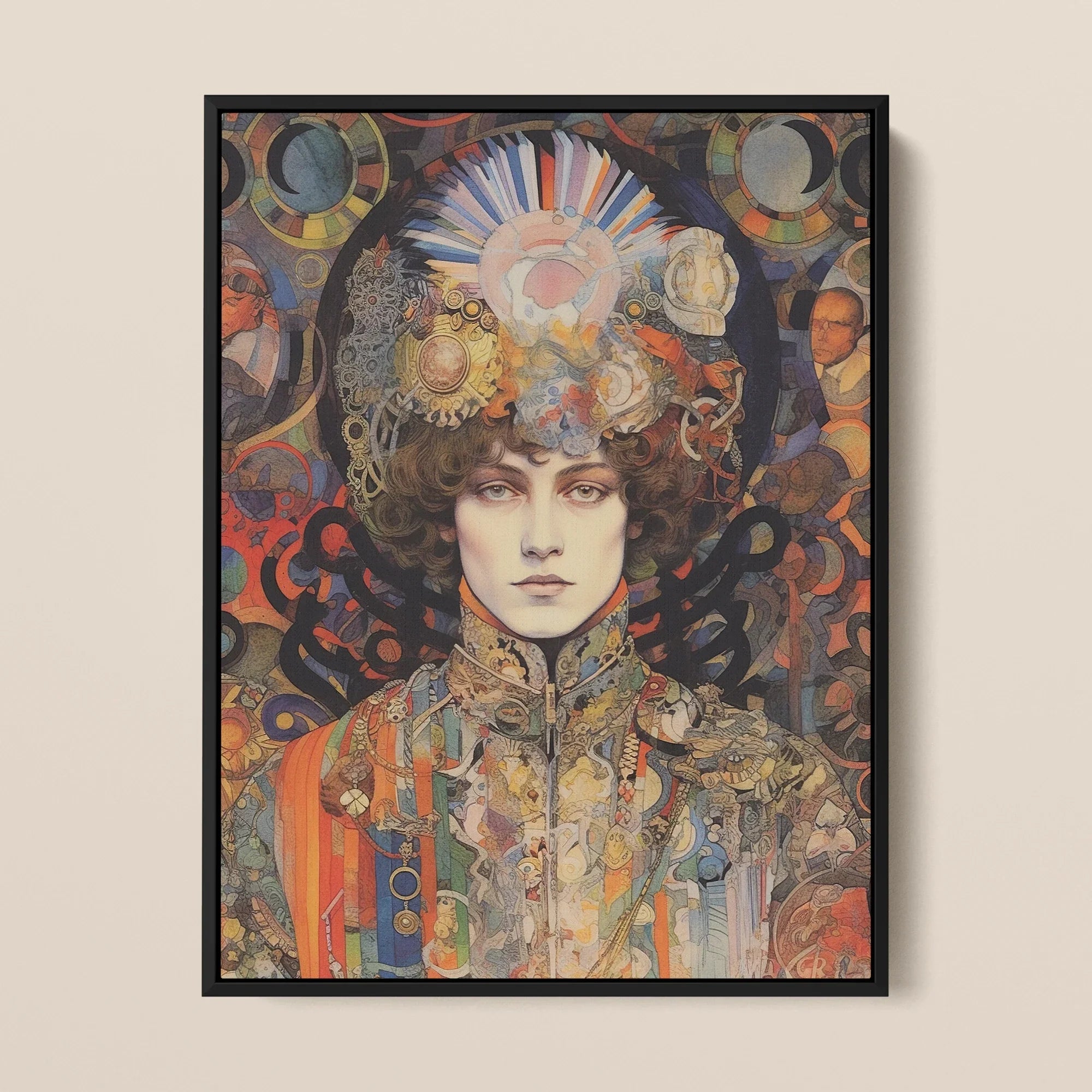 Pepper - Psychedelic Goddess Art Framed Canvas, 12x16’’ / 31x41cm / Black Floating Frame, Framed Portrait Person Elaborate Headwear