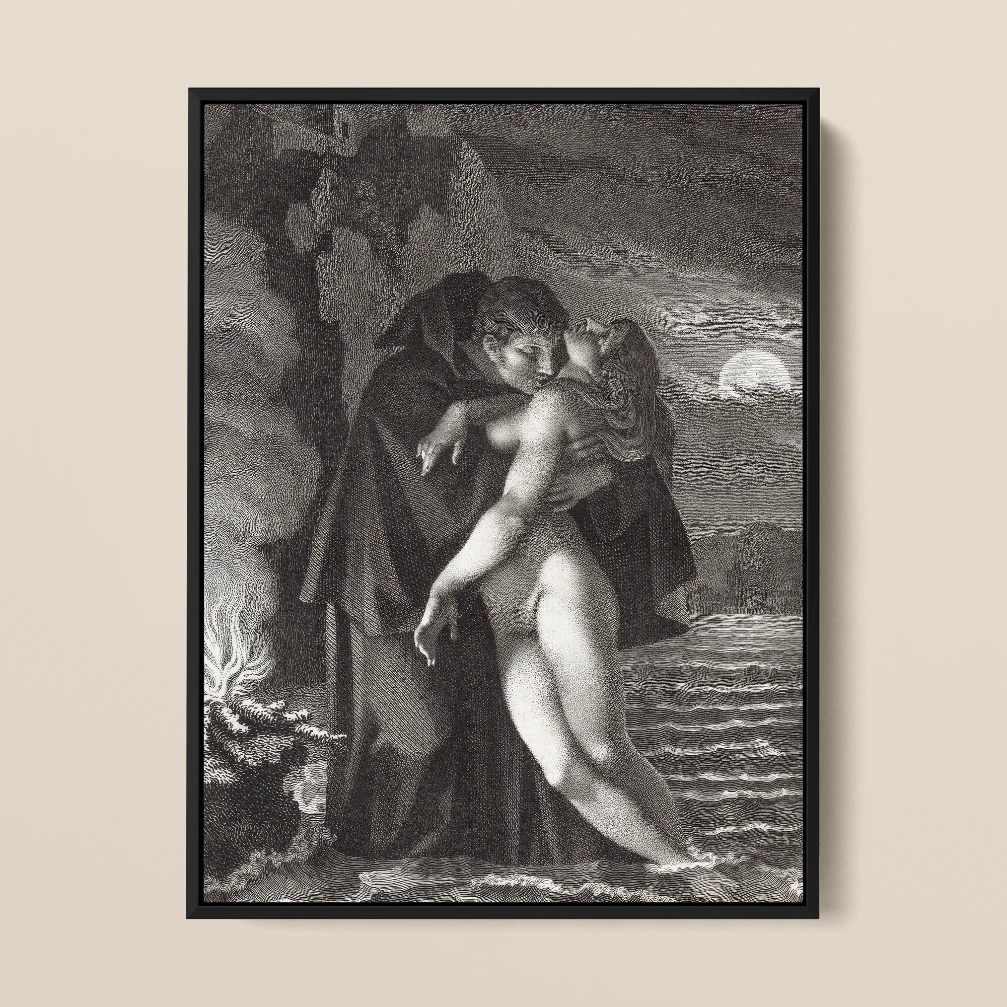 Phrosine and Melidore - Pierre Paul Prud’hon Framed Canvas, 12x16’’ / 31x41cm / Black Floating Frame, Framed Monochrome Print Cloaked
